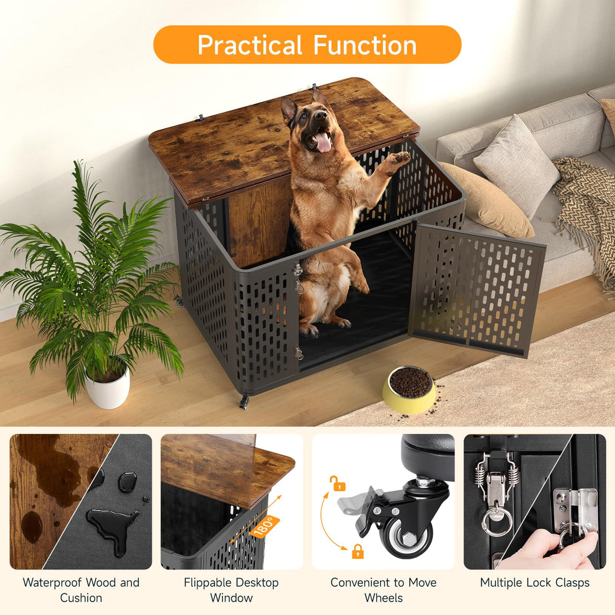 ONBRILL Dog Crate Furniture for Large and Medium Dogs, 43.7 Inch Dog Crate with Cushion & Wheels, Decorative End Table Pet House for Large/Medium/Small Dog, Rustic Brown ONBRILL