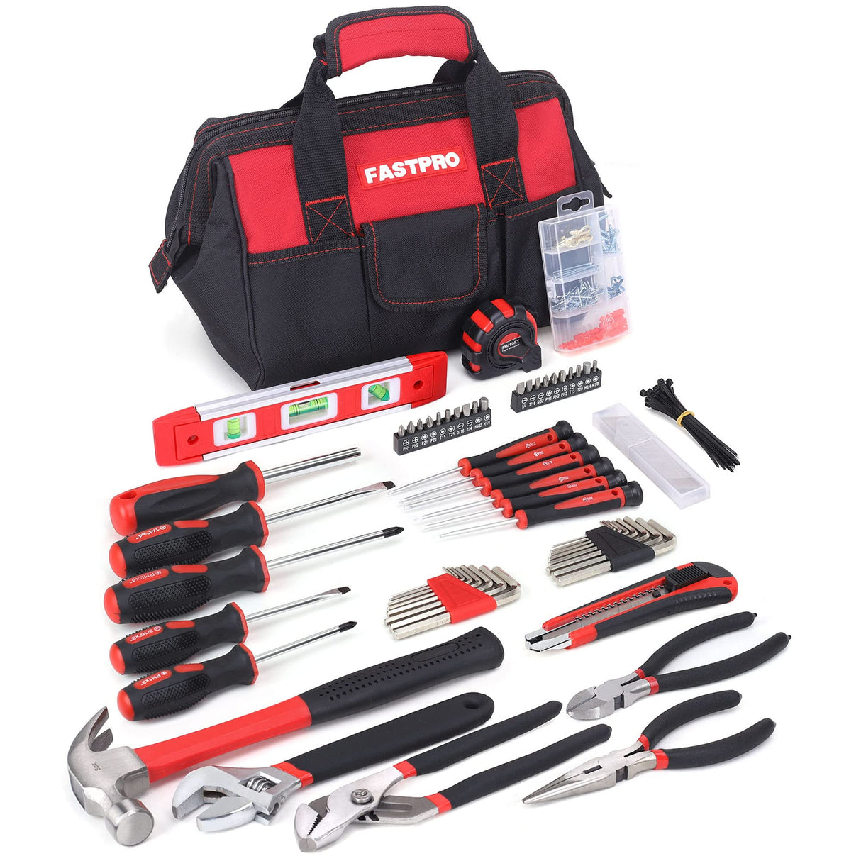 FASTPRO 215-Piece Home Repairing Tool Set with 12-Inch Wide Mouth Open Storage Bag,Household Hand Tool Kit,Red FASTPRO