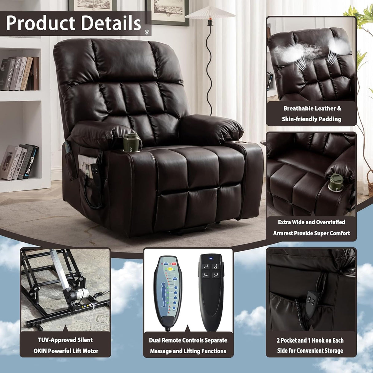 LITVZ Power Lift Recliner Chair with Massage and Heating for Elderly, Oversized Lay Flat Recliner, Big and Tall 400lbs, Dual Motors, Cup Holders, Heavy Duty, Adults (Red) LITVZ