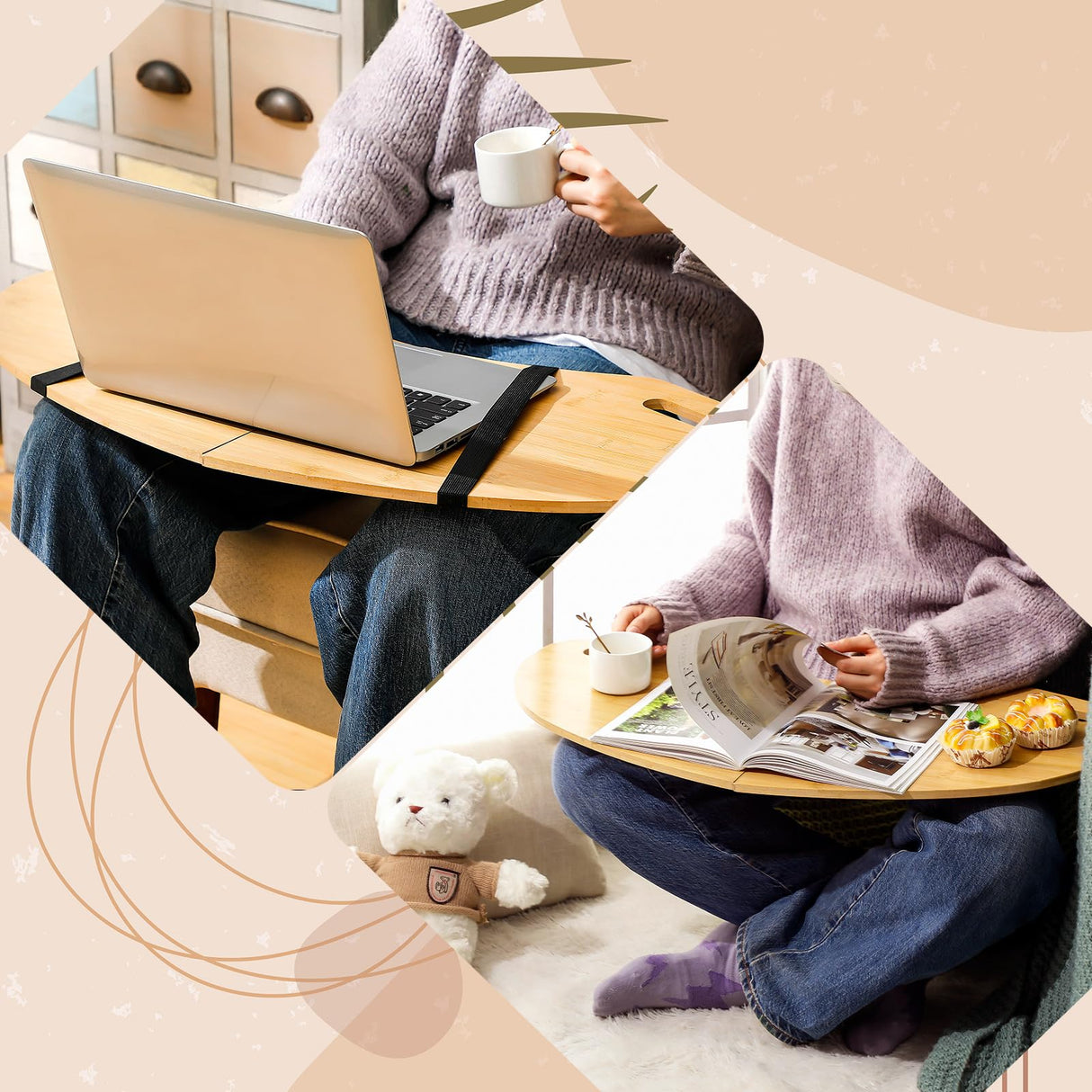 GlikCeil 30.5" Wood Curved Lap Desk Table Tray with Handles Wooden Foldable Lap Desk Wood Curved Bed Tray Wooden Lap Board Curved Keyboard Lap Tray for Laptop Computer Mouse GlikCeil