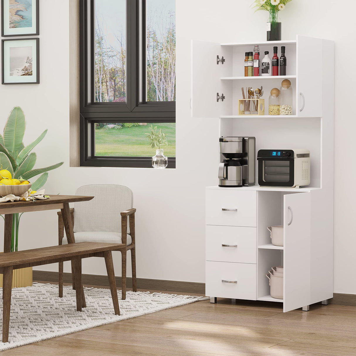 HOMCOM Freestanding Kitchen Pantry, Buffet with Hutch Storage Organizer with 2 Door Cabinets, 3 Drawers and Open Countertop, Adjustable Shelf, White HOMCOM