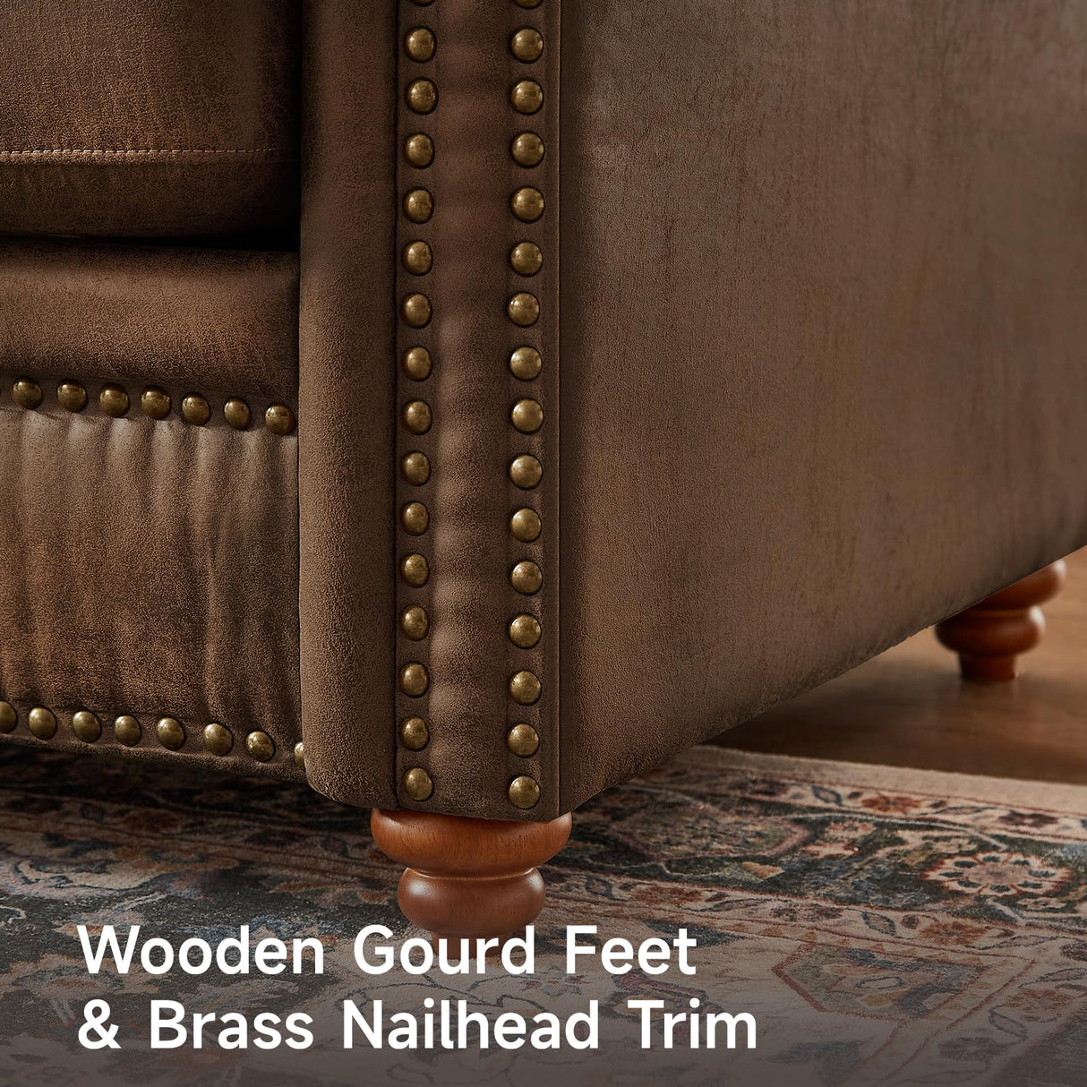 ONBRILL 84" Faux Leather Couch, Mid-Century Modern Couch w/Brass Nailhead Trim, 3 Seater Sofa Couch w/Rolled Arm, Pocket Spring Cushions, Gourd Feet, Dark Brown Couch Leather Sofas for Living Room ONBRILL