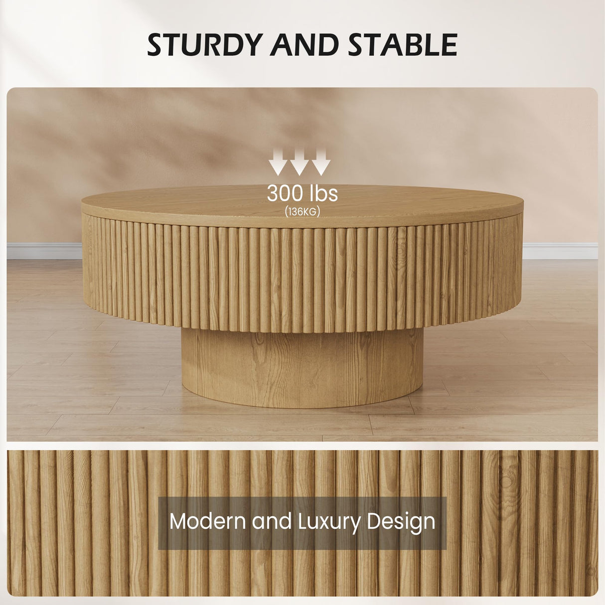 YOUDENOVA 31.5” Round Fluted Coffee Table, Modern Wood Circle Coffee Table, Veneer Handcrafted Relief Tea Table with Sturdy Pedestal for Living Room - Nature YOUDENOVA