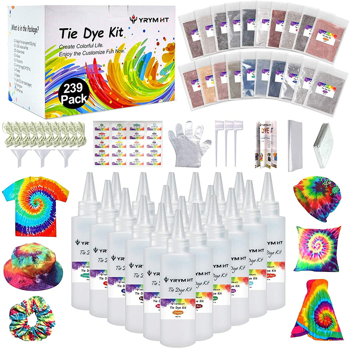 Large Tie Dye Kit for Kids and Adults - 239 Pack Permanent Tie Dye Kits for Clothing Craft Fabric Textile Party Group Handmade Project (Dye up to 60 Medium Adults T-Shirts!) YRYM HT