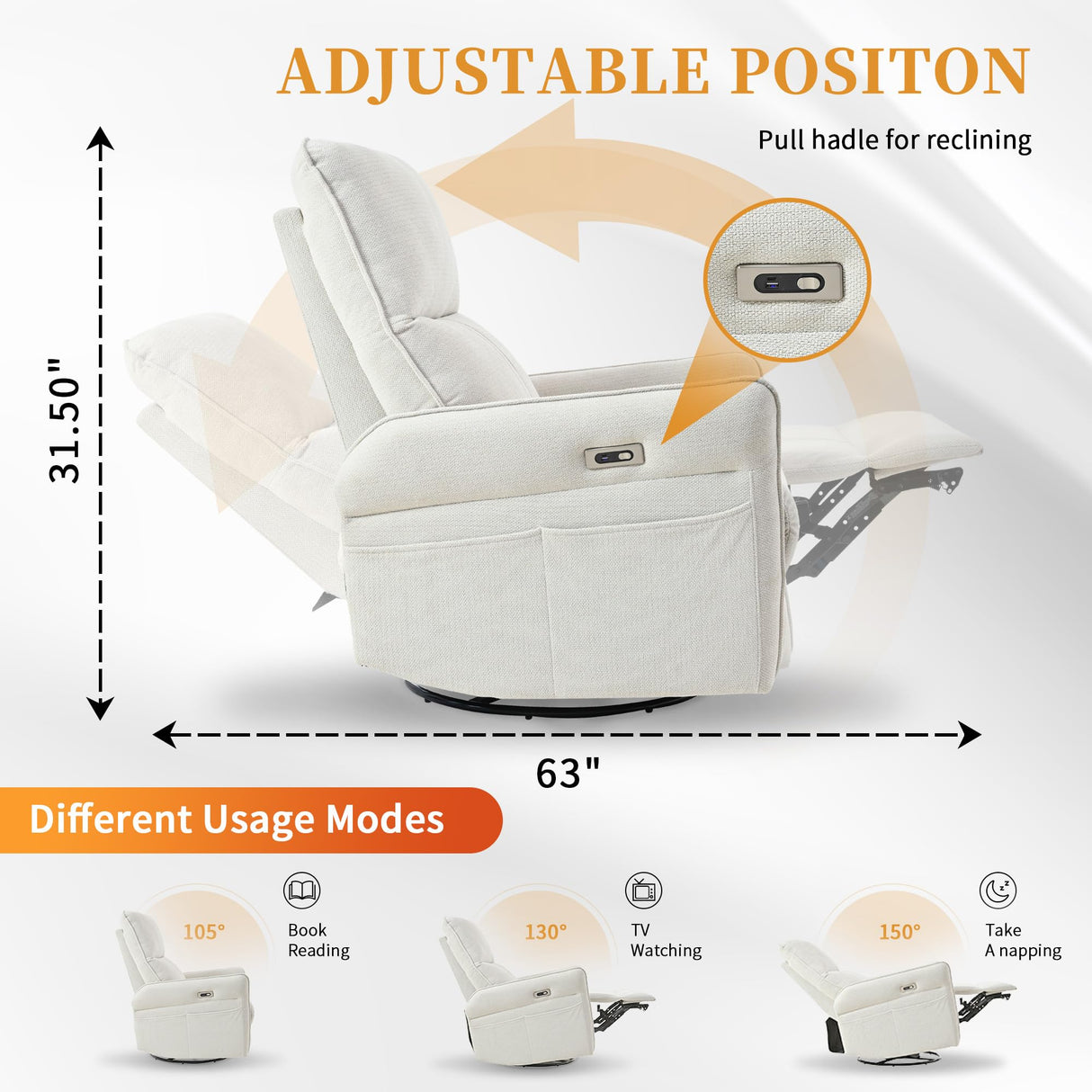 QKFF Power Swivel Rocker Recliner Chair for Nursery, Upholstered Snowflake Velvet 270°Swivel Glider Rocker Chair with USB Ports, Small Power Recliners for Small Spaces Living Room QKFF