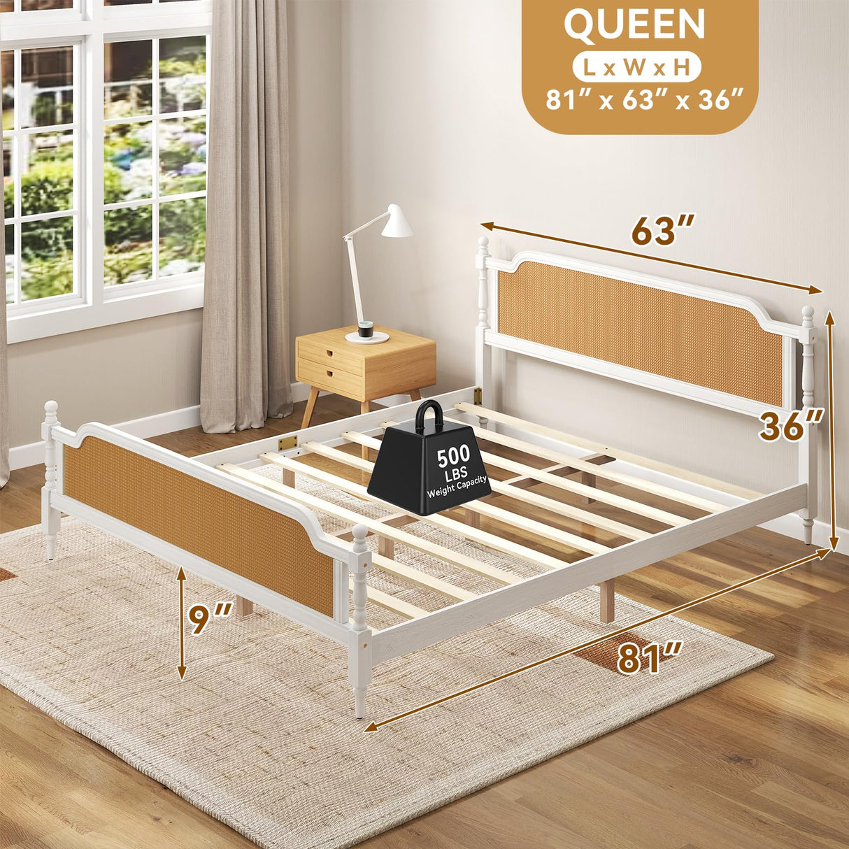 Rattan Queen Bed Frame, Queen Size Platform Bed Frame with Natural Headboard and Footboard, Boho and Mid Century Style, Solid Pine Wood, No Box Spring Needed, Easy Assembly, Antique White/Walnut WATHPUR