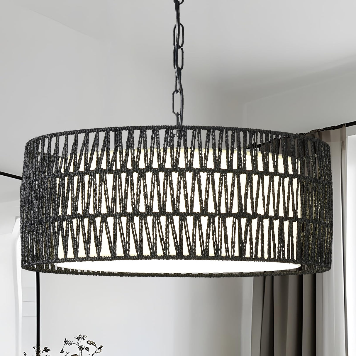 Farmhouse Rattan Chandelier Light Fixture, Black boho Pendant Light Hand Woven Chandeliers for Dining Room with Fabric Shade, Large Wicker Coastal Pendant Light for Kitchen Bedroom Island Hallway JTYP