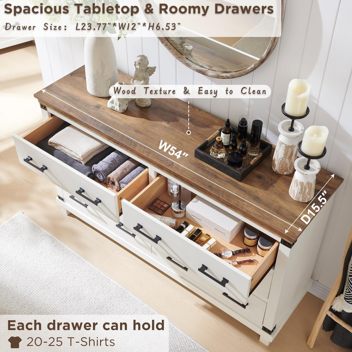 T4TREAM Farmhouse 6 Drawers Dresser for Bedroom, 54" Wide Wood Chest of Drawers w/Natural Texture & Metal Handle, Rustic Storage Dressers Organizer for Living Room, Hallway, Antique White T4TREAM