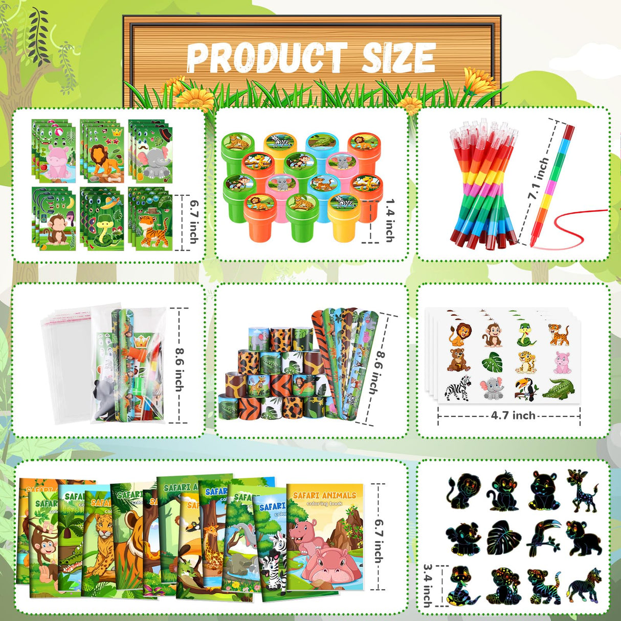 BenLouis 192Pcs Jungle Safari Party Favors Zoo Animals Coloring Books Crayons Sticker Stampers Slap Bracelets Set Bulk Classroom Prizes for Kids Wild One Party Baby Shower Goodie Bags Fillers BenLouis