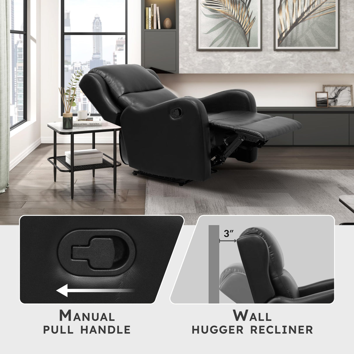 Lexicon Manual Recliner Chair, Reclining Sofa Chair, Home Theater Seating, Wall Hugger, Manual Recliner for Living Room/Office/Apartment, Easy Assembly, Black Faux Leather Lexicon