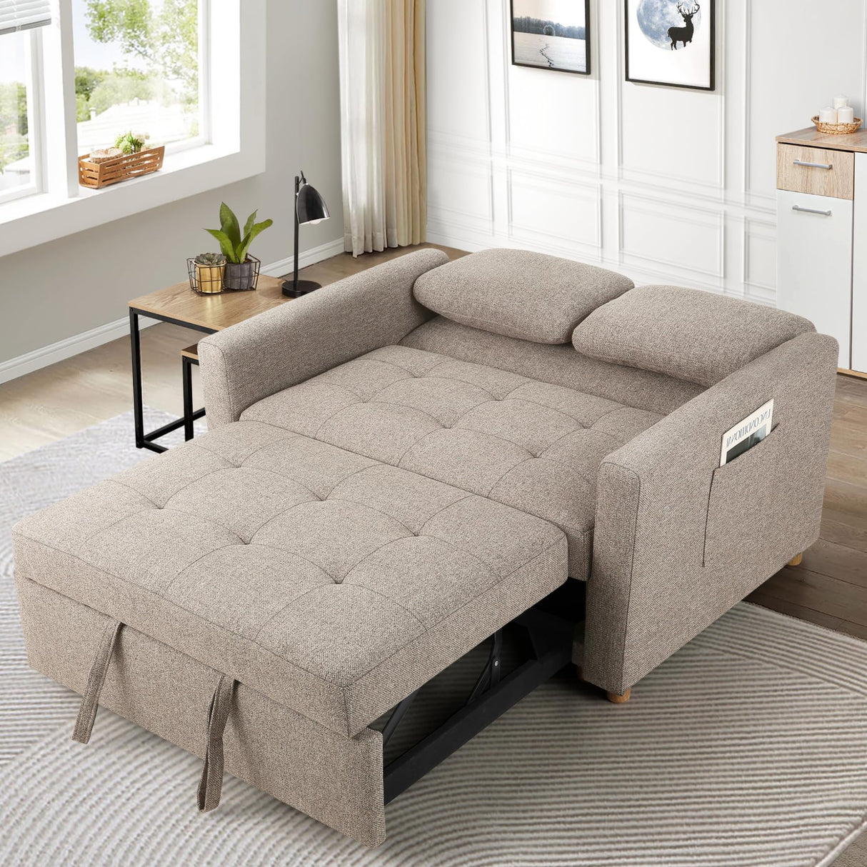 SEJOV 3-in-1 Convertible Sofa Bed, Linen Fabric Sleeper Couch Pull Out Bed, 49" 2-Seater Loveseat Futon Sofa with Spring Support, Adjustable Backrest and Pillows for Small Spaces, Living Room SEJOV