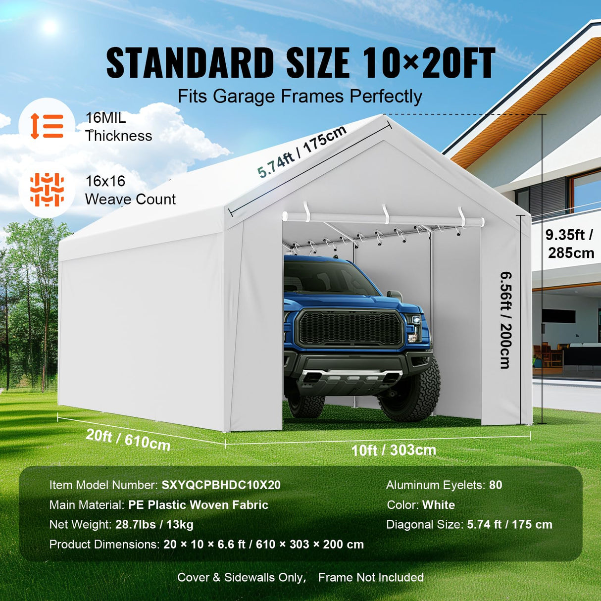 VEVOR Carport Replacement Canopy Top Cover + Sidewall 10 x 20 ft, Garage Tent Shelter Tarp Heavy-Duty Waterproof & UV Protected, Easy Installation with Ball Bungees,White (Frame Not Included) VEVOR