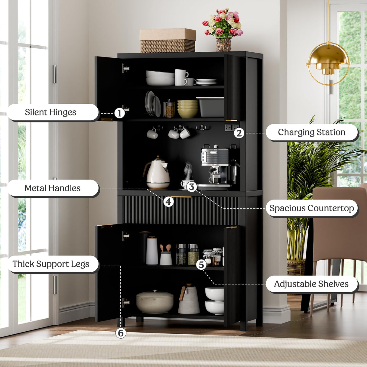 Lulive 71" Fluted Pantry Cabinet with Charging Station & Adjustable Shelves, Spacious Kitchen Storage Cabinet with Open Countertop & Drawer for Dining Room, Living Room, Black Lulive