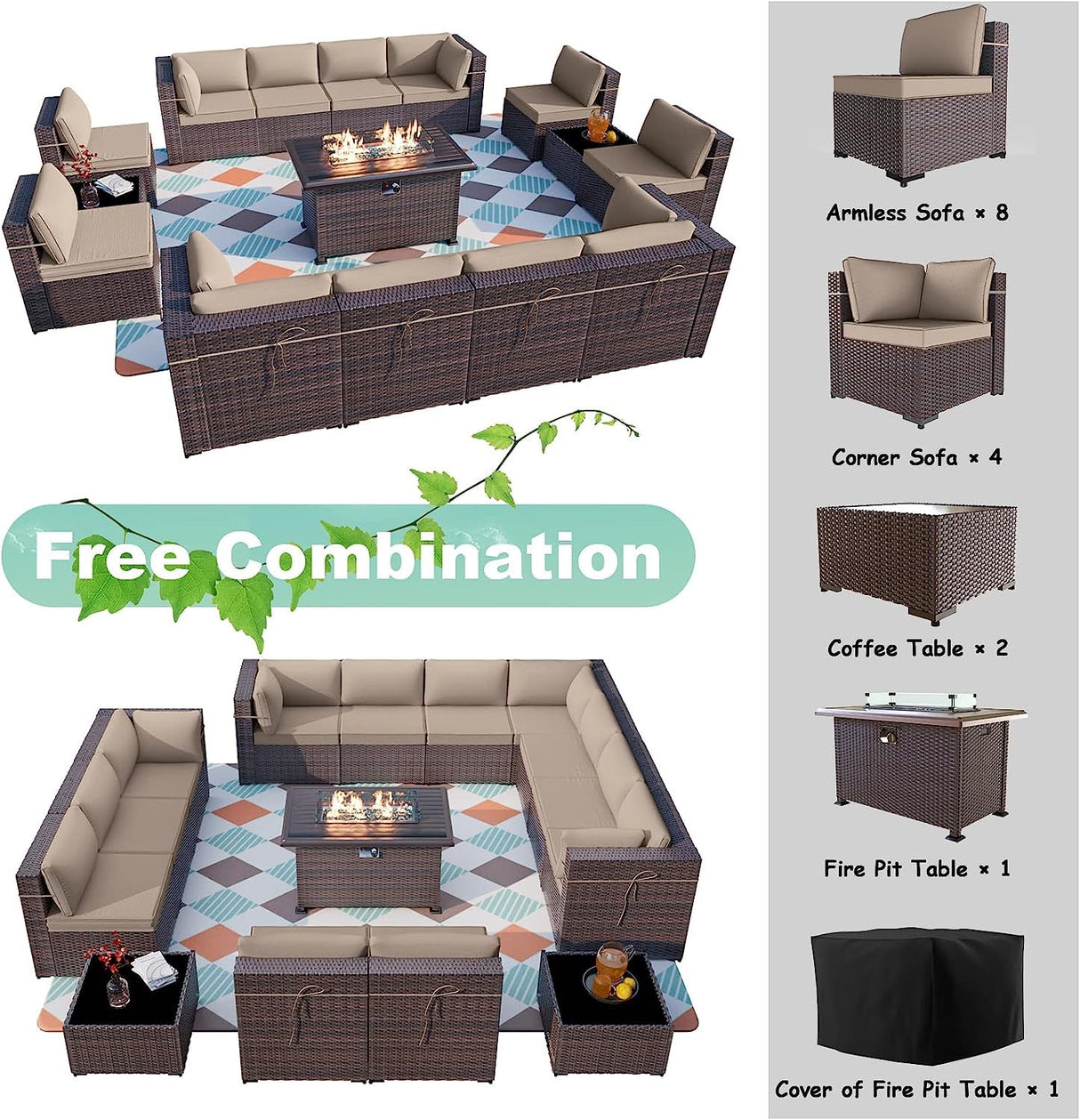 ALAULM 15 Pieces Outdoor Patio Furniture Set with Propane Fire Pit Table Outdoor Sectional Sofas Patio Furniture 43" Gas Fire Pit Brown PE Rattan Patio Conversation Set w/12 Cushions-Sand ALAULM