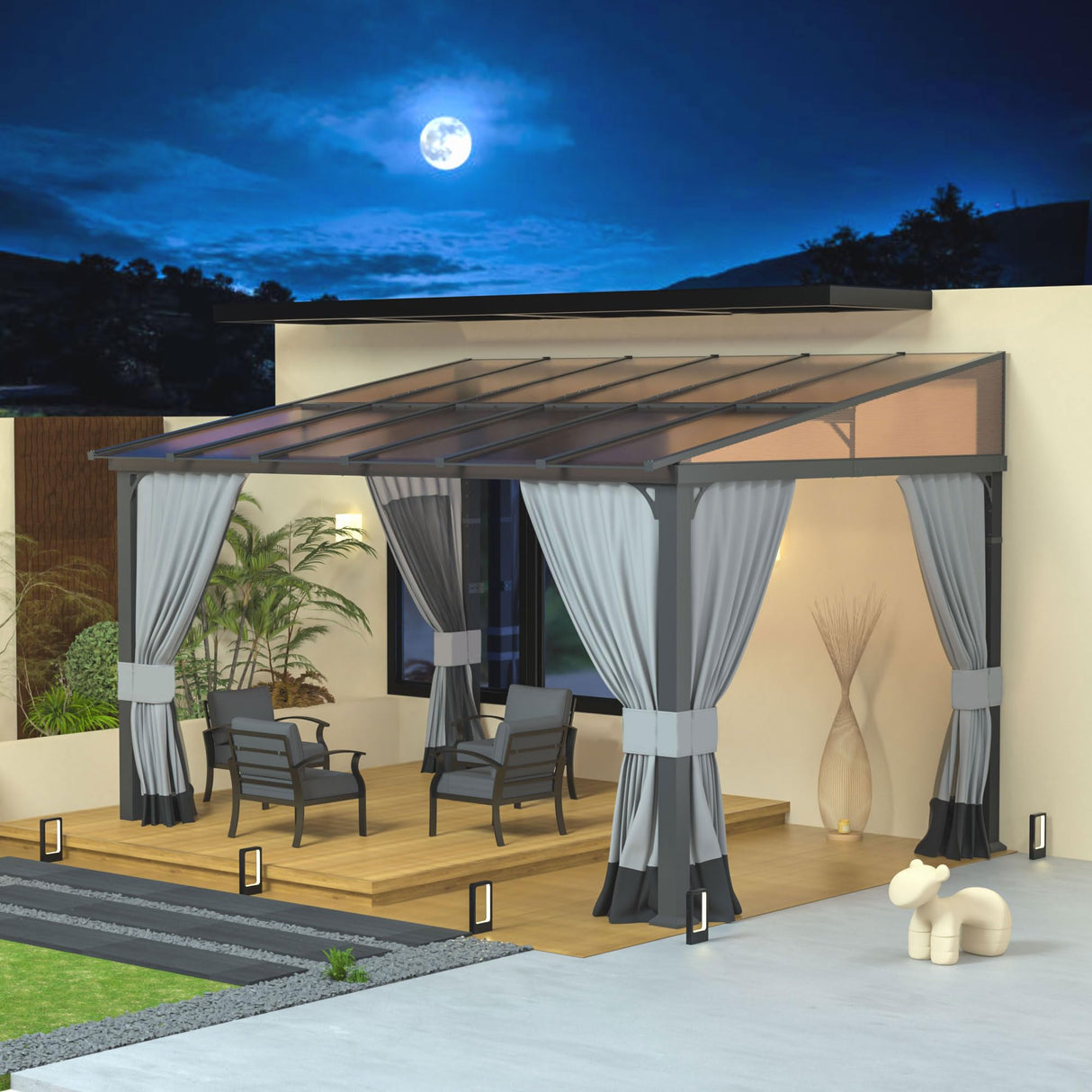 RTDTD 10' x 12' Gazebo,Hard Top Lean to Gazebo Wall Mount Heavy Hardtop Gazebo Outdoor Pergola with Curtains and Netting for Patio Garden Lawn Backyard Deck (Grey) RTDTD