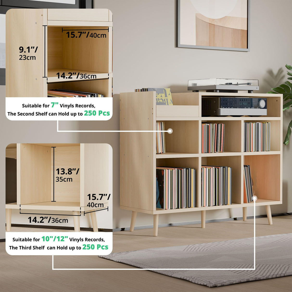 Cozy Castle Record Player Stand with Open Vinyl Storage, Record Player Table Holds up to 500 Albums, Vinyl Record Player Shelf with Power Outlet for Living Room, Oak Cozy Castle