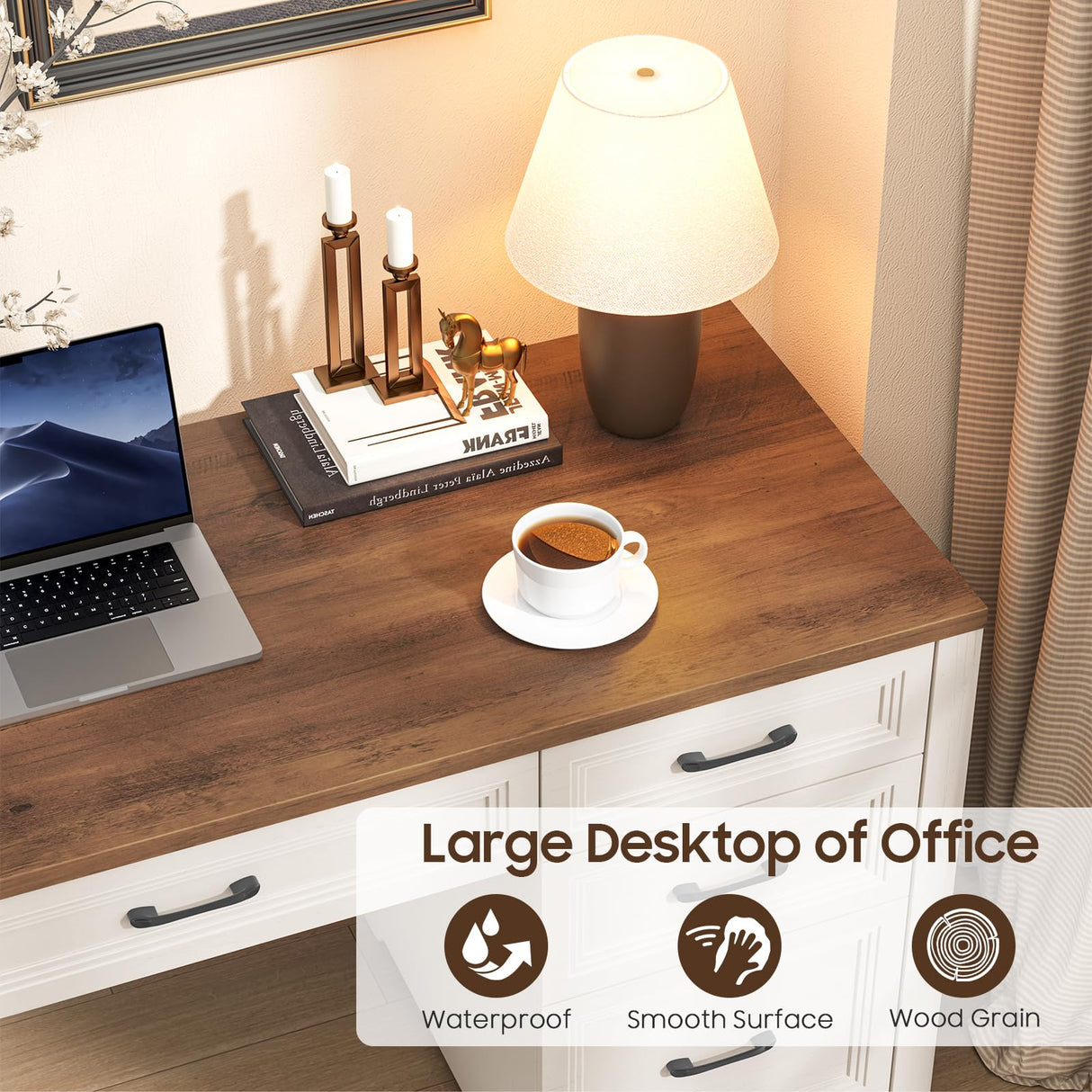 Halitaa Farmhouse Executive Desk, Wood Home Office Desk with 2 Large File Drawers and 5 Storage Cabinets, Rustic Writing Desk for Work and Study, Brown Halitaa