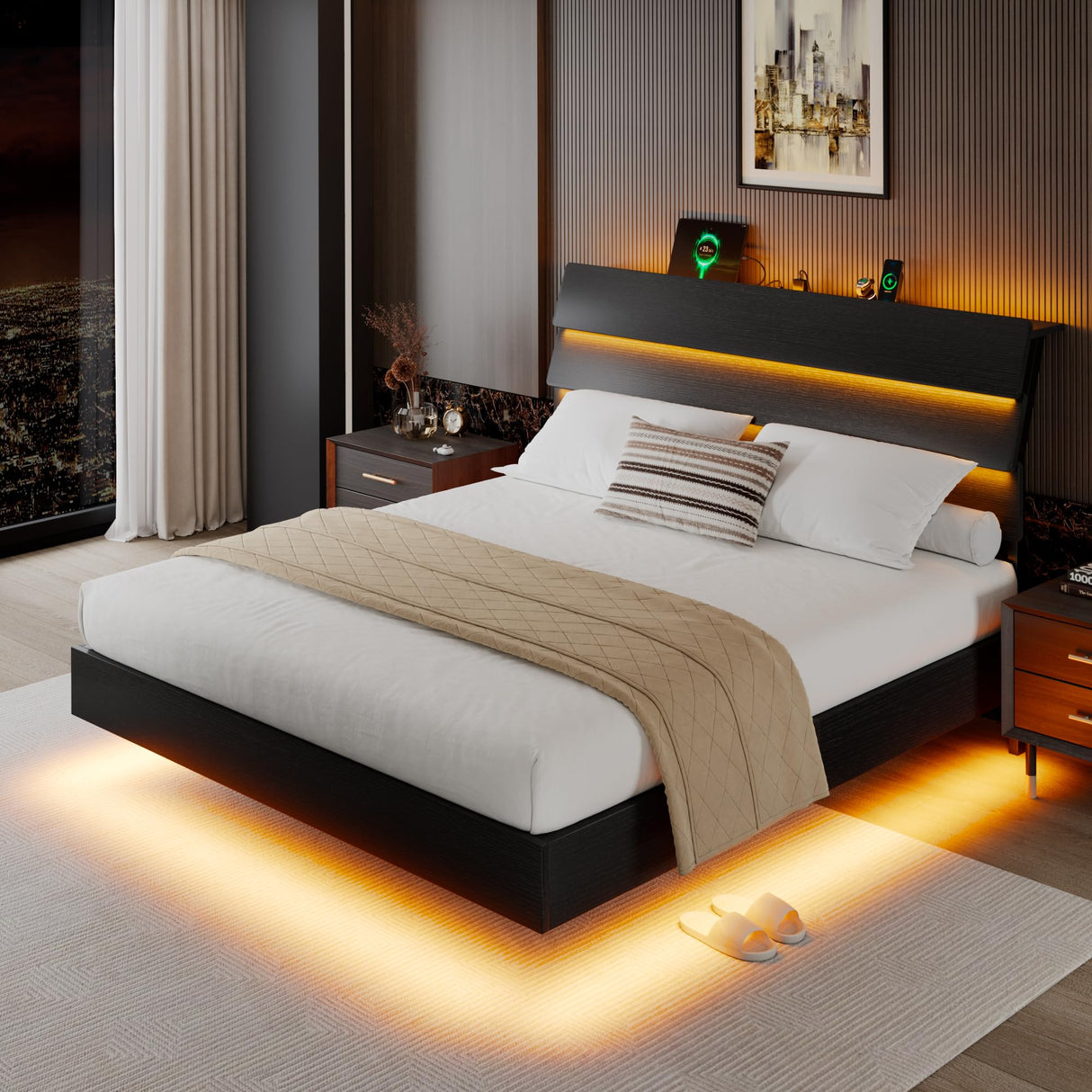 iPormis Queen Floating Bed Frame with LED Lights & Charging Station, Platform Bed with Wooden Storage Headboard, Steel Slats Support, No Box Spring Needed, Easy Assembly, Noise-Free, Black iPormis