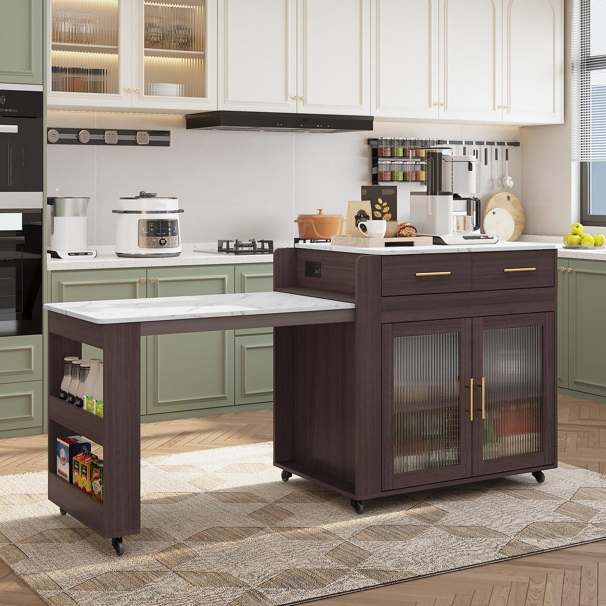 HLR Kitchen Island with Extendable Dining Table, Marble Grain Countertop Island with Power Outlet, Rolling Storage Cart on Wheels with Storage Cabinet and 2 Drawers, Prep Table for Kitchen HLR