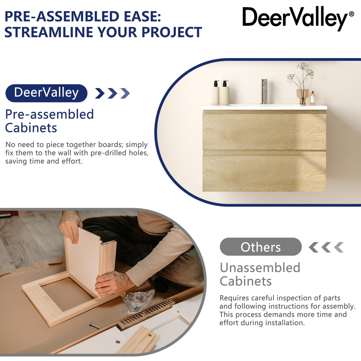 Deer Valley DV-1BV0152NW 30'' Wall Mounted Bathroom Vanity with Ceramic Sink Top, Pre-Assembled Modern Floating Wood Bathroom Cabinet Sink Combo with 2 Drawers Deer Valley