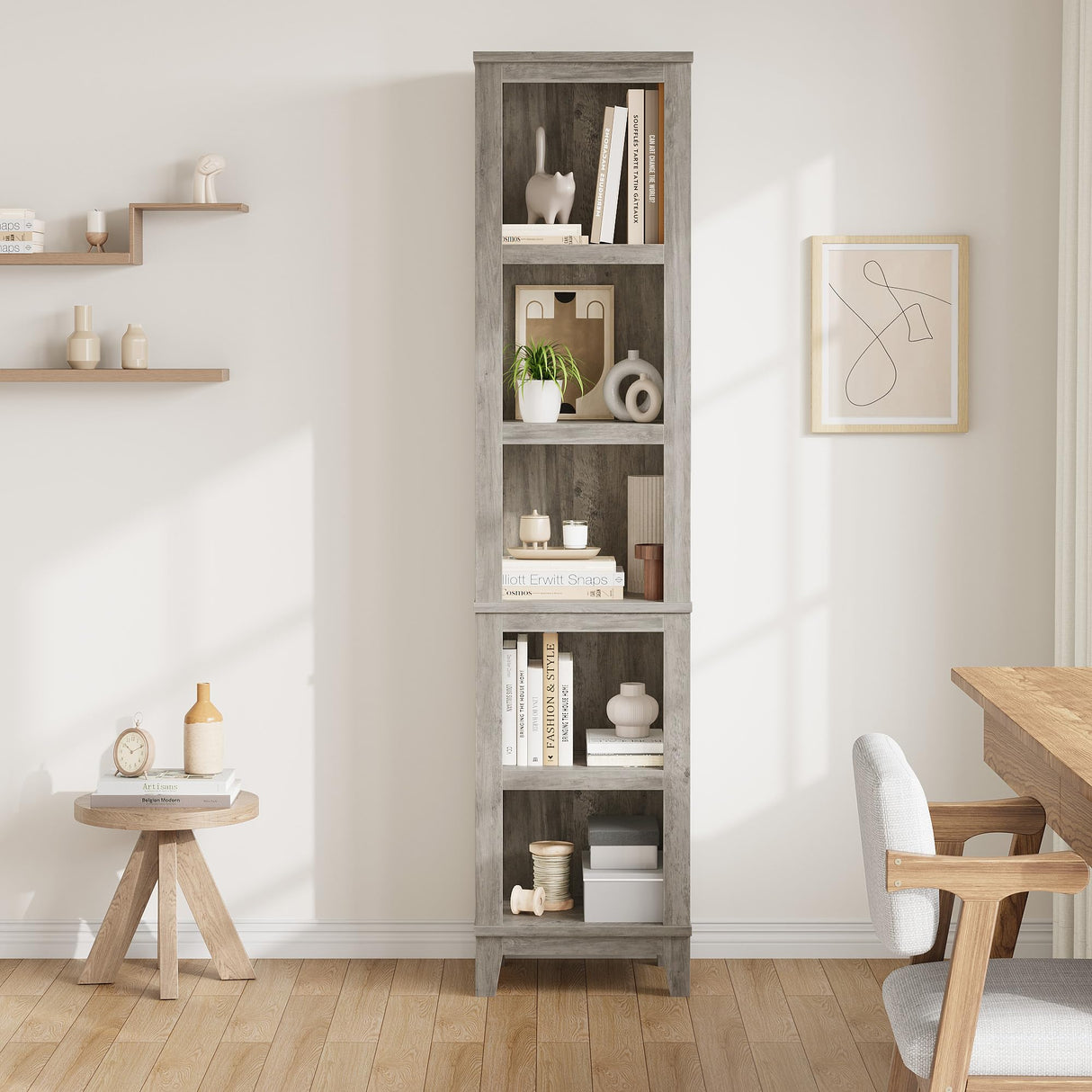 GarveeHome Narrow Bookcase 5 Tier Farmhouse Bookshelf Wooden Bookshelves Rustic Vintage Etagere Oak for Home Office, Living Room, Bed Room, Gray GarveeHome