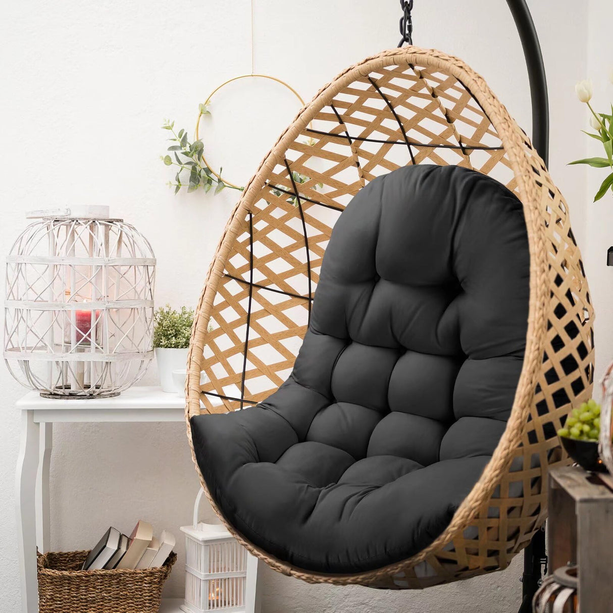 MQK Thick Egg Chair Cushion Replacement, Button Tufted Outdoor Swing Chair Cushion with High Elasticity PP Cotton and Skin-Friendly Fabric, Hanging Cushion for Patio Porch Furniture (Only Cushion) MQK