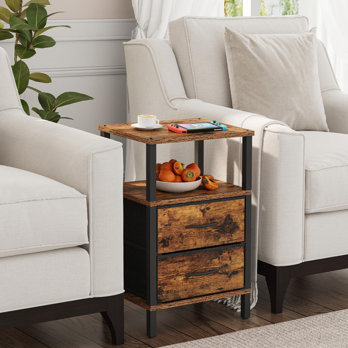 TUTOTAK End Table, Couch Side Table, Nightstand with Cloth Drawer, Set of 2, Bedside Table, Brown TB01BB066 TUTOTAK