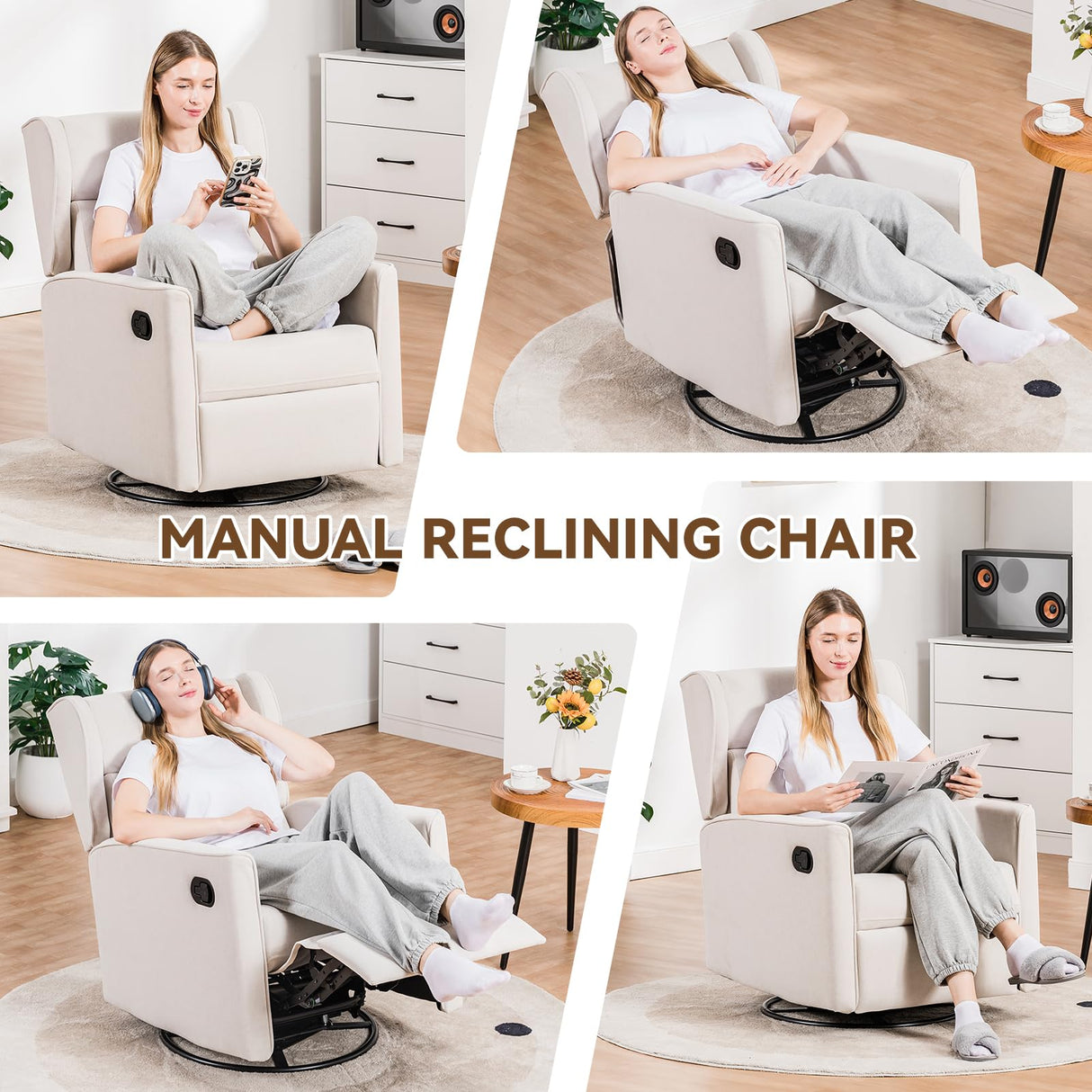 COMHOMA Rocking Recliner Chair,Swivel Glider Reclining Single Sofa Manual Rocker Recliners,Nursery Rocking Chairs with Upholstered Seating for Living Room Office(Beige) COMHOMA