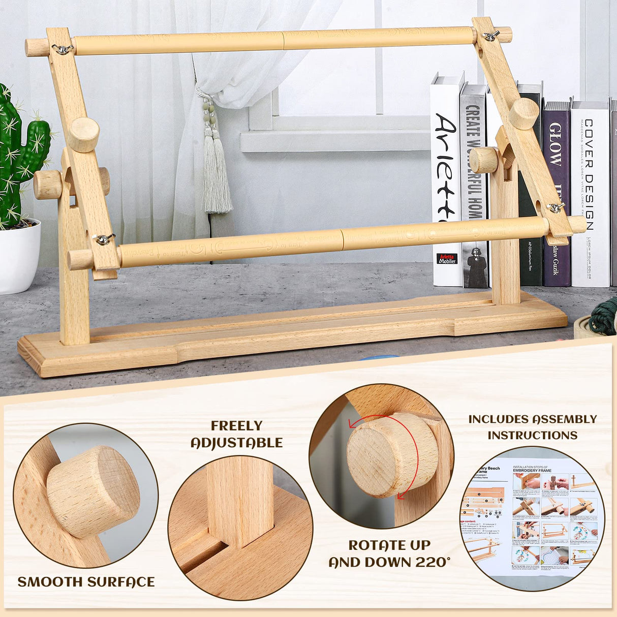 Yookeer Adjustable Embroidery Stand Hands Free Cross Stitch Scroll Frame Needlepoint Needlework Frame Stand Wooden Rotated Embroidery Hoop Holder for Arts Crafts Sewing Kit Supplies Yookeer