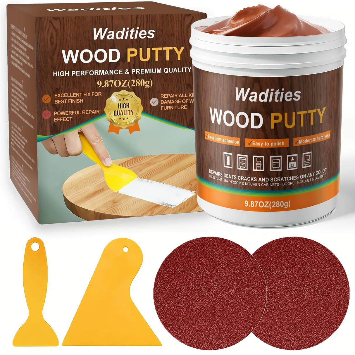 Wadities Walnut Wood Filler, Walnut Wood Putty, Paintable Stainable Wood Repair Putty, 9.87 Ounce Wood Furniture Repair kit, Quickly Repair Wood Wadities