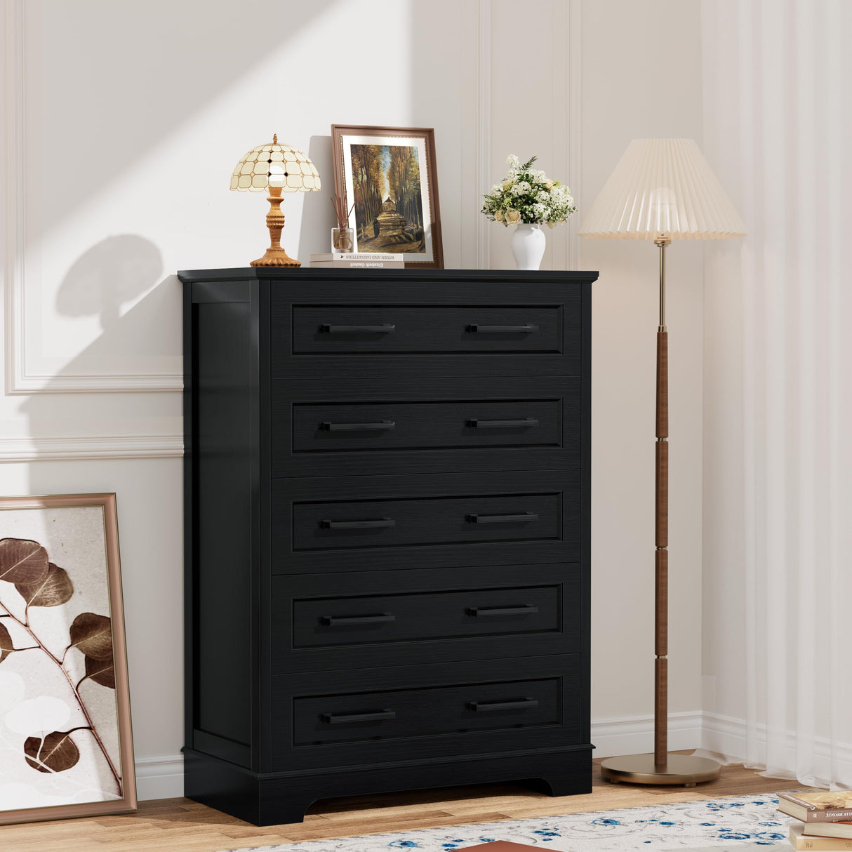 YESHOMY Tall Dresser for Bedroom,Farmhouse 5 Drawers Dresser, Chest of Drawer Chest, Multi-Tier Clothing Storage Cabinet, Black
