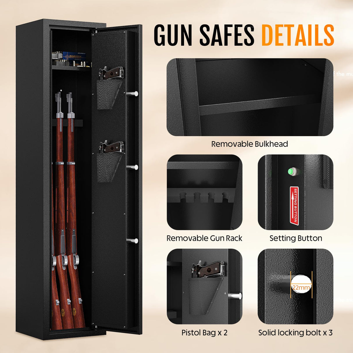 KAER 2 Gun Safe for Rifle and Pistols Electronic Gun Security Cabinet Quick Access Rifle Security Safes Gun Cabinet for Shotguns with Built-in Removable Storage Shelf KAER