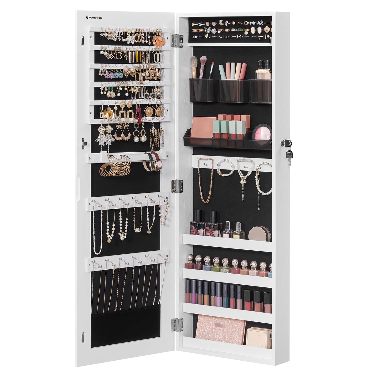 SONGMICS Jewelry Cabinet Armoire, Lockable Wall-Mounted Organizer Unit with 2 Plastic Cosmetic Storage Trays, Full-Length Frameless Mirror, White UJJC001W01 SONGMICS
