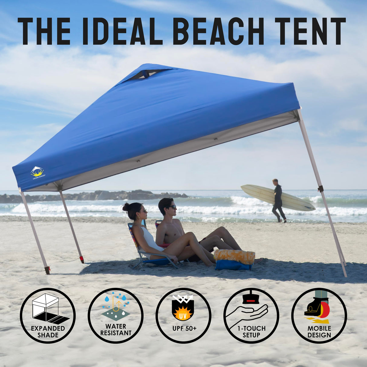CROWN SHADES 10x10 Pop Up Canopy - Beach Tent with One Push Setup - Easy Outdoor Sun Shade for Events, Parties, Camping - Gazebo with STO-N-Go Cover Bag, Silver Coated Top, Blue CROWN SHADES