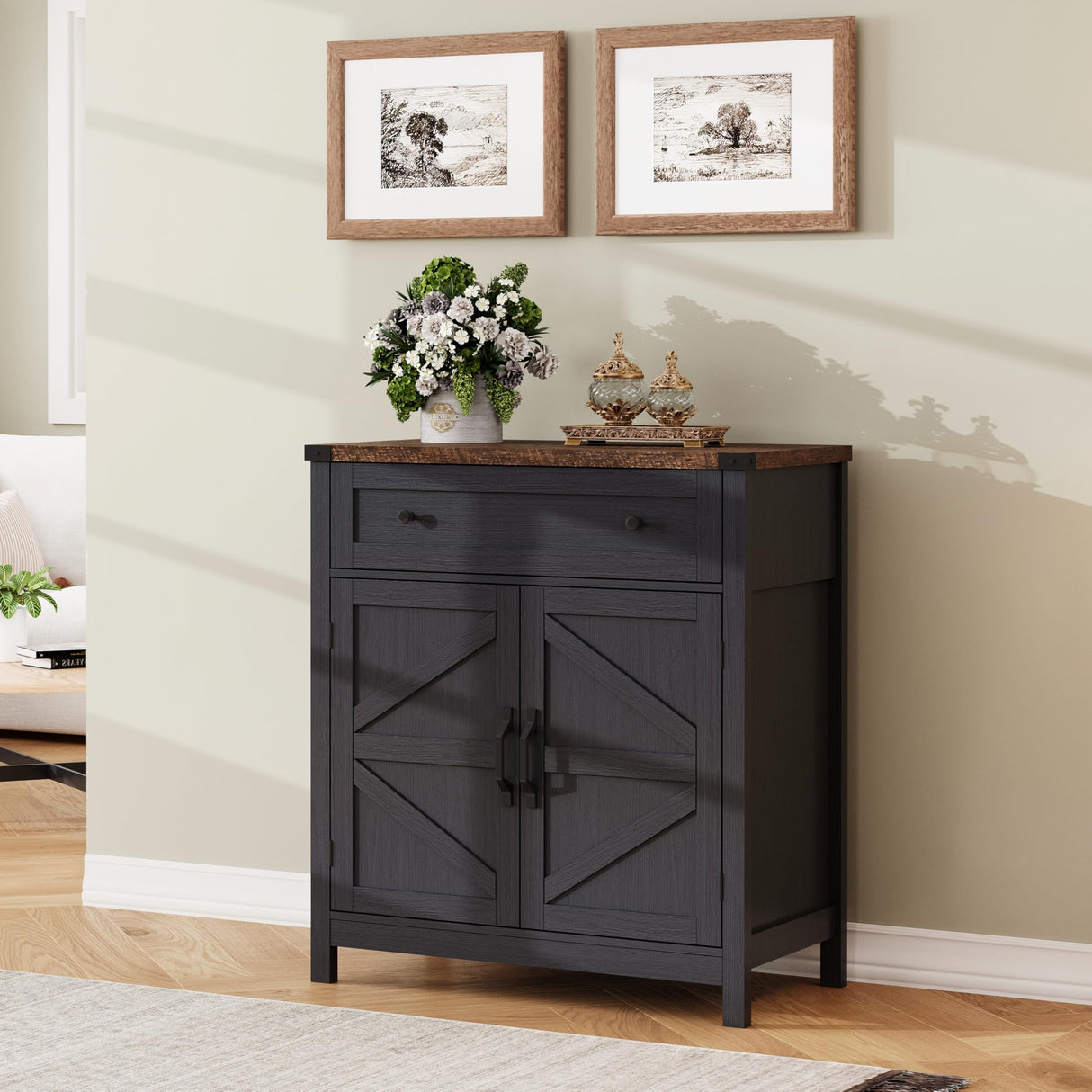 ChooChoo Kitchen Storage Cabinet, Coffee Bar Cabinet, Farmhouse Buffet Sideboard with Drawer for Kitchen, Living Room, Black ChooChoo