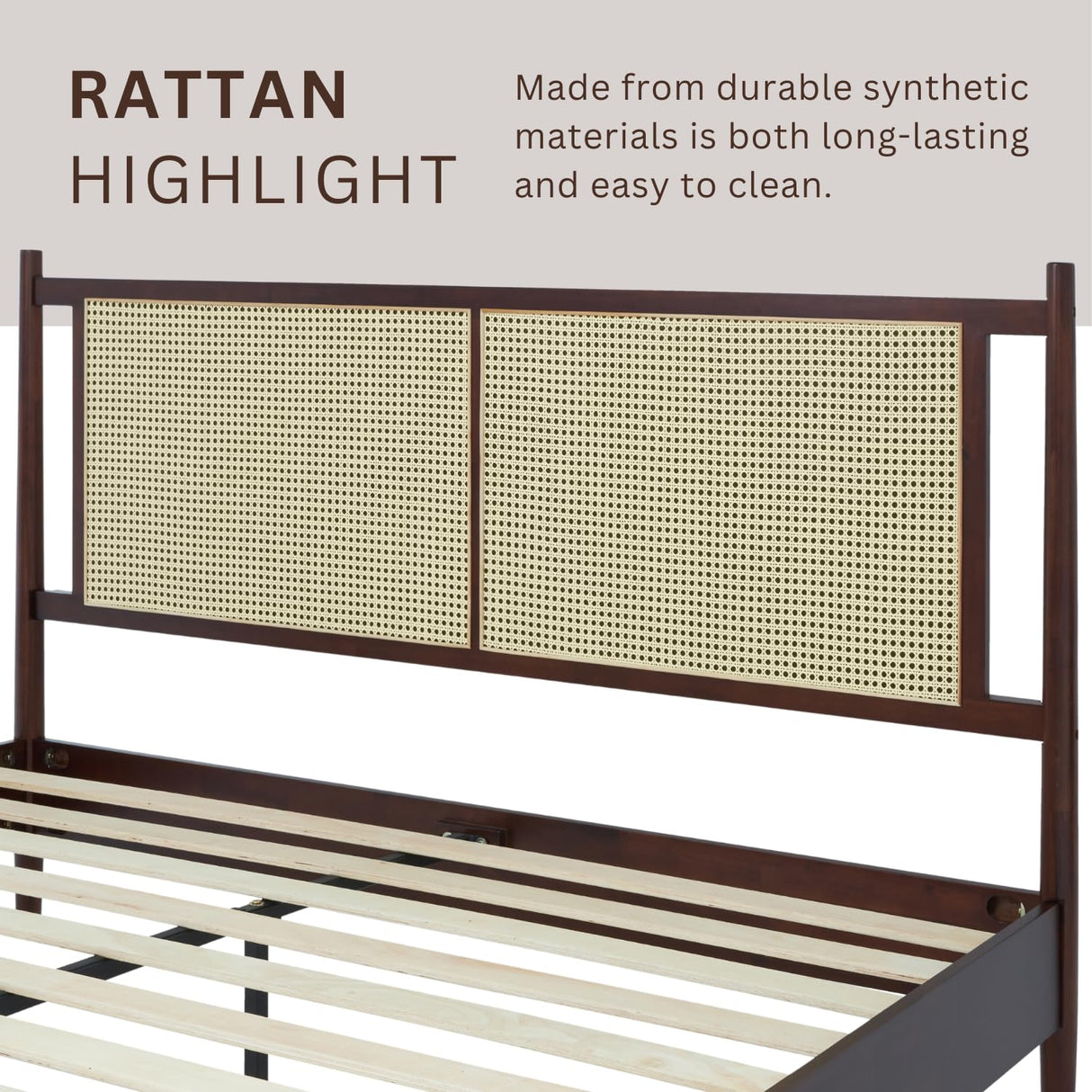 Bme Oliver King Bed Frame and Headboard - 15-Inch Signature Design with Rattan Headboard, Bohemian and Mid Century Style, 12-Slat Wood Support, No Box Spring Needed - Easy Assembly, Walnut Bme
