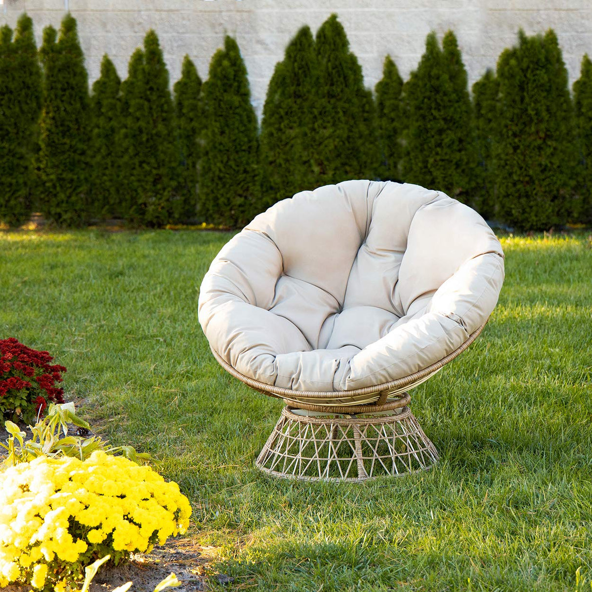 Milliard Wicker Papasan Chair with 360-degree Swivel, Tan Cushion and Natural Color Frame. Indoor and Outdoor Use Milliard