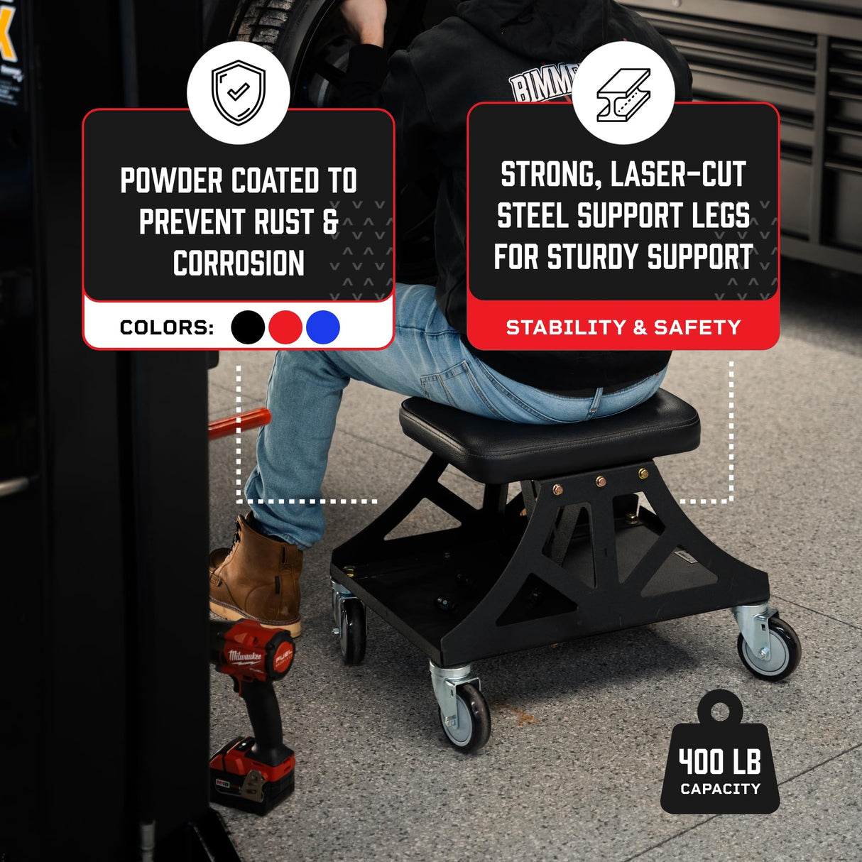 Vyper Low Pro Garage Stool with Removable Seat for Mechanics, Automotive, DIY - 400 lb Capacity Shop Chair, Rolling Shop Stool (Black Seat, Blue Frame) Vyper Industrial