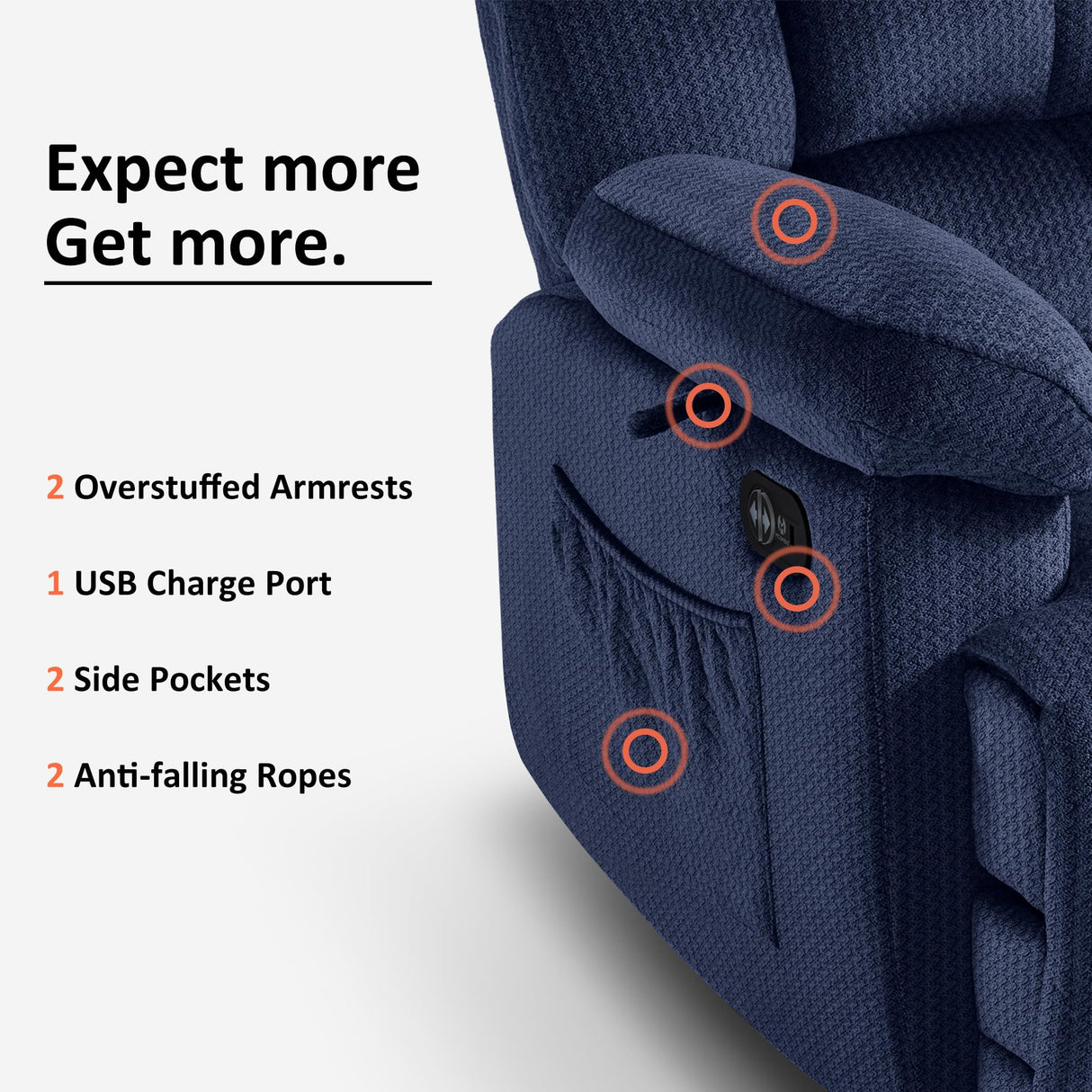 MCombo Zero Gravity Power Recliner Chair with Heat and Vibration Massage, Reclining Chair with USB Ports, Cup Holders for Living Room, Fabric R6233 (Navy Blue) MCombo