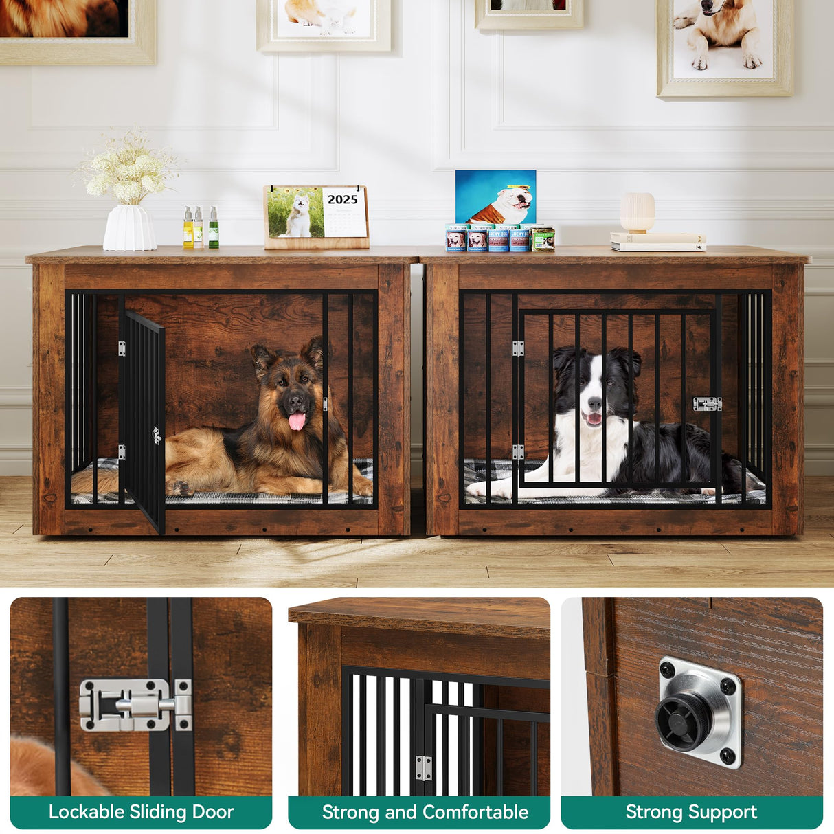 YITAHOME 76 Inch Double Dog Crate Furniture, XXL Dog Crate Furniture for 2 Dogs, Side End Table, Waterproof, Safety Corners, 2-in-1 Iron-Wood Fusion Dog Kennel Furniture for 2 Large Dogs,Rustic Brown YITAHOME