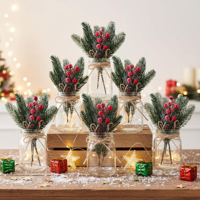 Mimorou 6 Sets Christmas Mason Jars Christmas Centerpieces for Tables Pine Cones & Red Berry, Farmhouse Decor Kitchen Table Decor Coffee Table Kitchen and Room