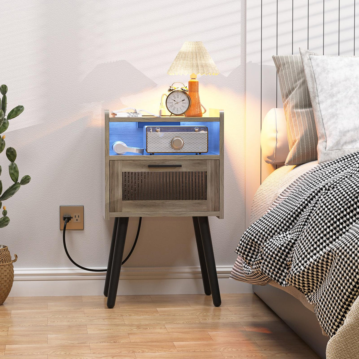 HAIOOU Set of 2 Mid Century Nightstand with Charging Station, Mid Century LED Light Modern End Table with Drawer, Glass Door, Open Shelf, Small Side Table Pine Wood Legs for Home Bedroom Living Room HAIOOU