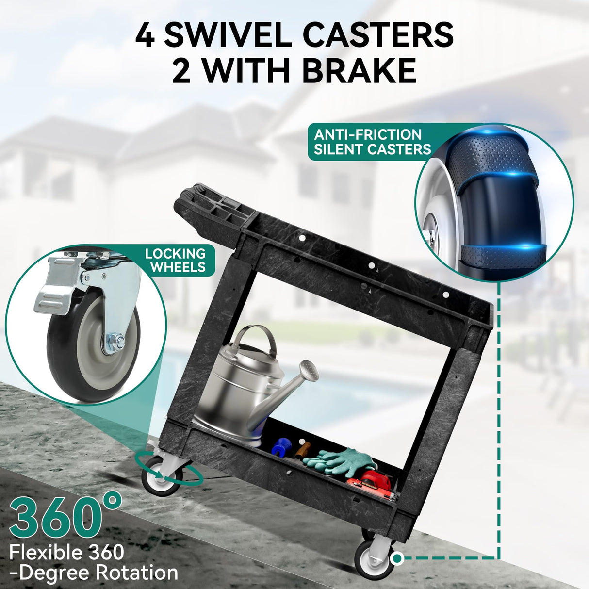 YITAHOME Utility Cart on Wheels, 550 lbs Capacity Service Cart, 40 x 17 Inch Rolling Work Carts, 2 Shelf Heavy Duty Plastic Cart Suitable for Warehouse, Garage, School & Office, Cleaning, Black YITAHOME