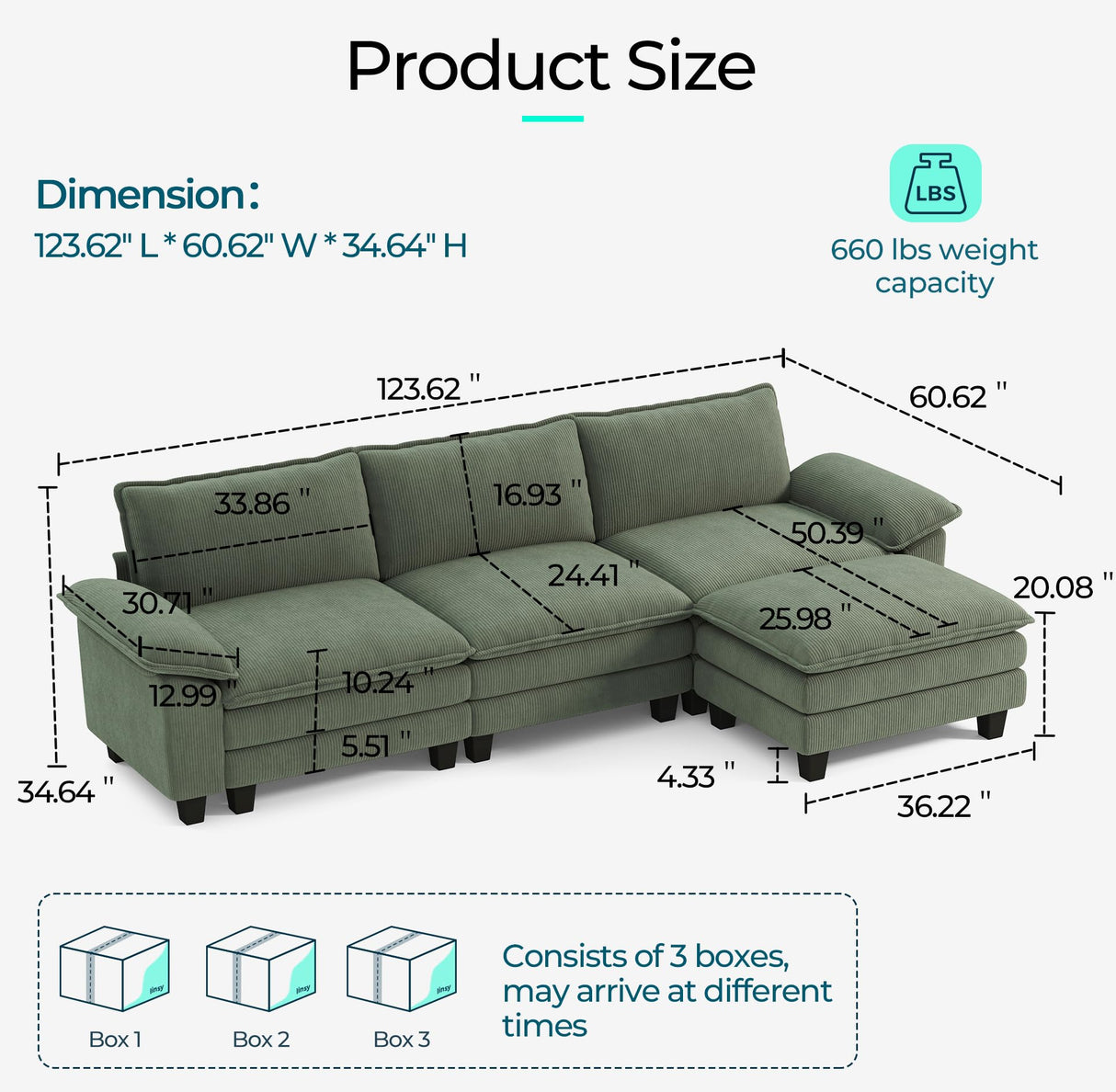 LINSY HOME 123'' Modular Sectional Sofa Green Couch Corduroy Cloud Couches for Living Room, L Shaped Couch with Movable Ottoman, Modern Cloud Sectional Sofas for Bedroom and Apartment, Green LINSY HOME
