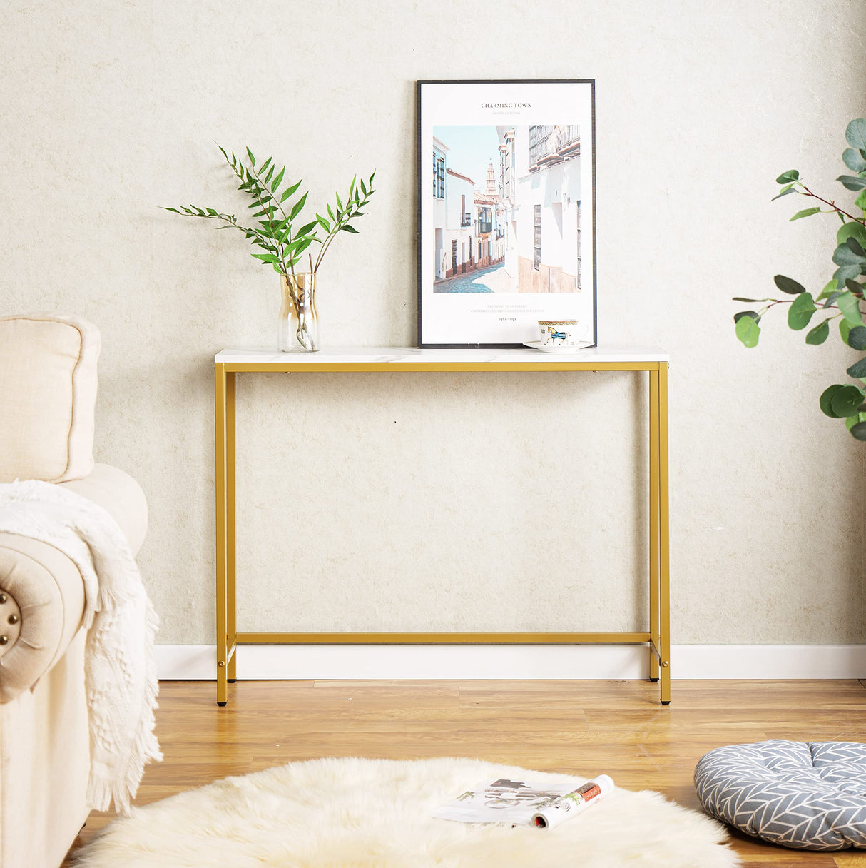 loglus Console Table for Entryway, Faux Marble MDF Sofa Table with Golden Frame (Single Layer, White Marble) loglus