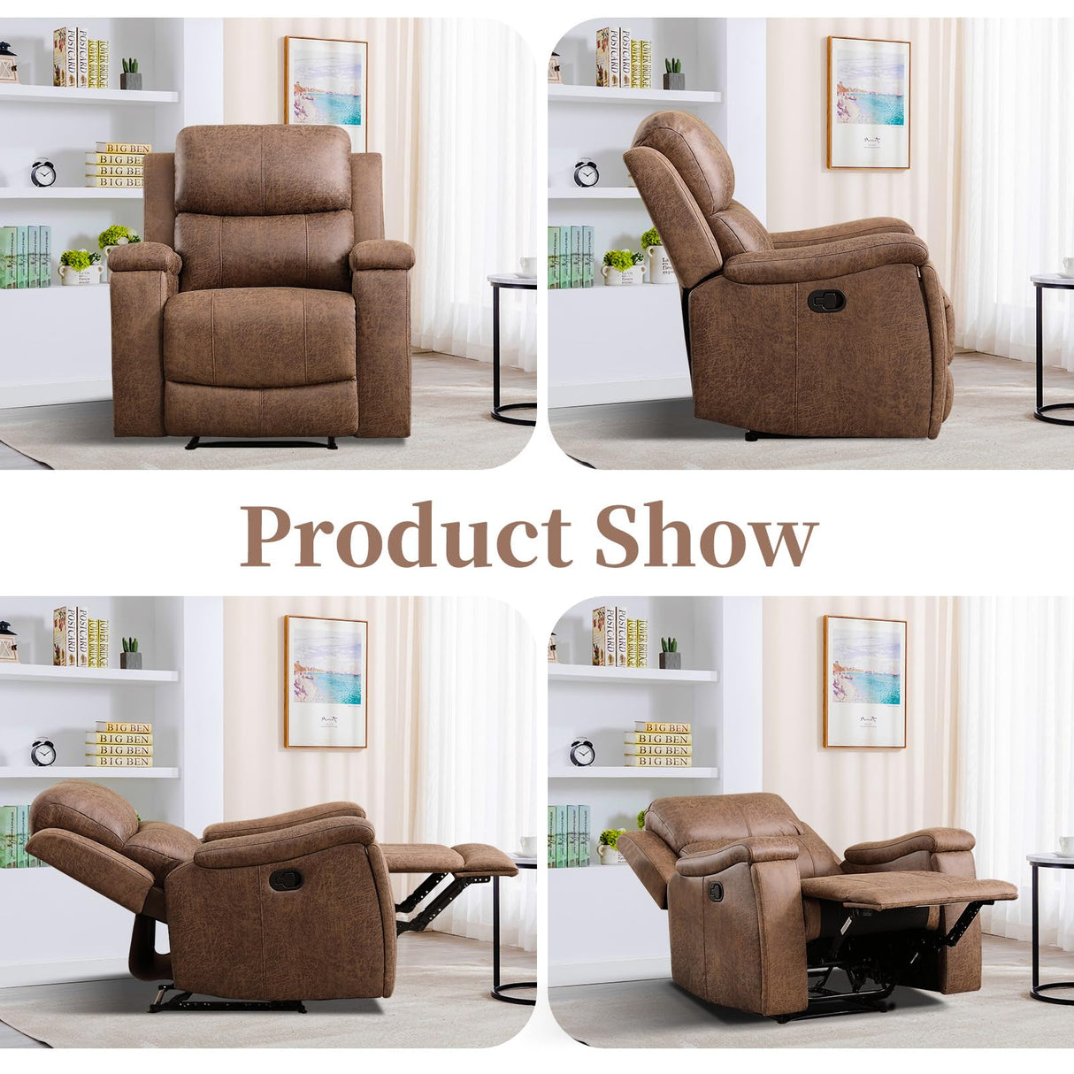 EBELLO Recliner Chair, Single Overstuffed Sofa Recliner, Breathable Faux Leather Manual Reclining Chairs with Hidden Cup Holder, Arm and Back for Adults, Living Room, Bedroom, Light Brown EBELLO