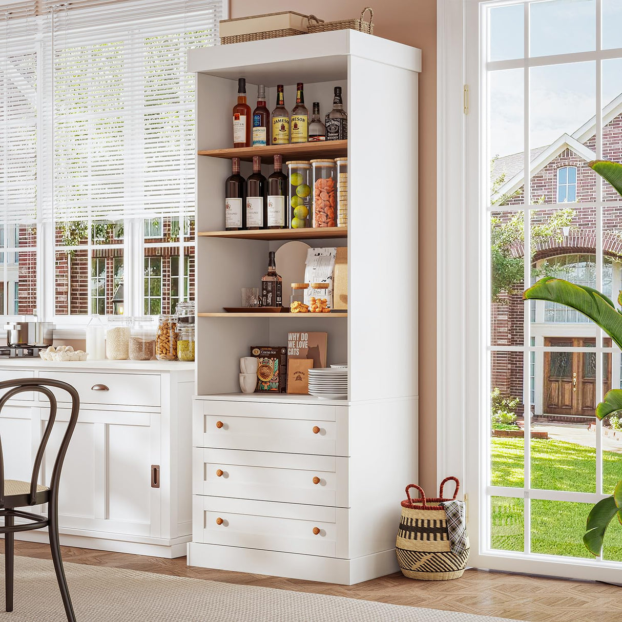 Vyre 71" Tall Farmhouse Kitchen Pantry, Large Storage Cabinet with Adjustable Shelves, 3 Drawer, Wood Versatile Hutch Cabinet for Living Room, Dining Room Vyre