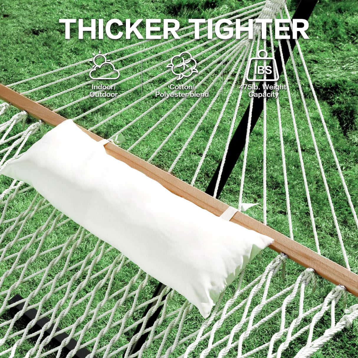 PNAEUT Double Rope Hammock with Stand Included, 12ft Heavy Duty Stand, 2 Person Traditional Cotton Rope Hammocks with Pillow for Outside Porch Patio Backyard Outdoor, Max 475lbs Capacity (Burlywood) PNAEUT