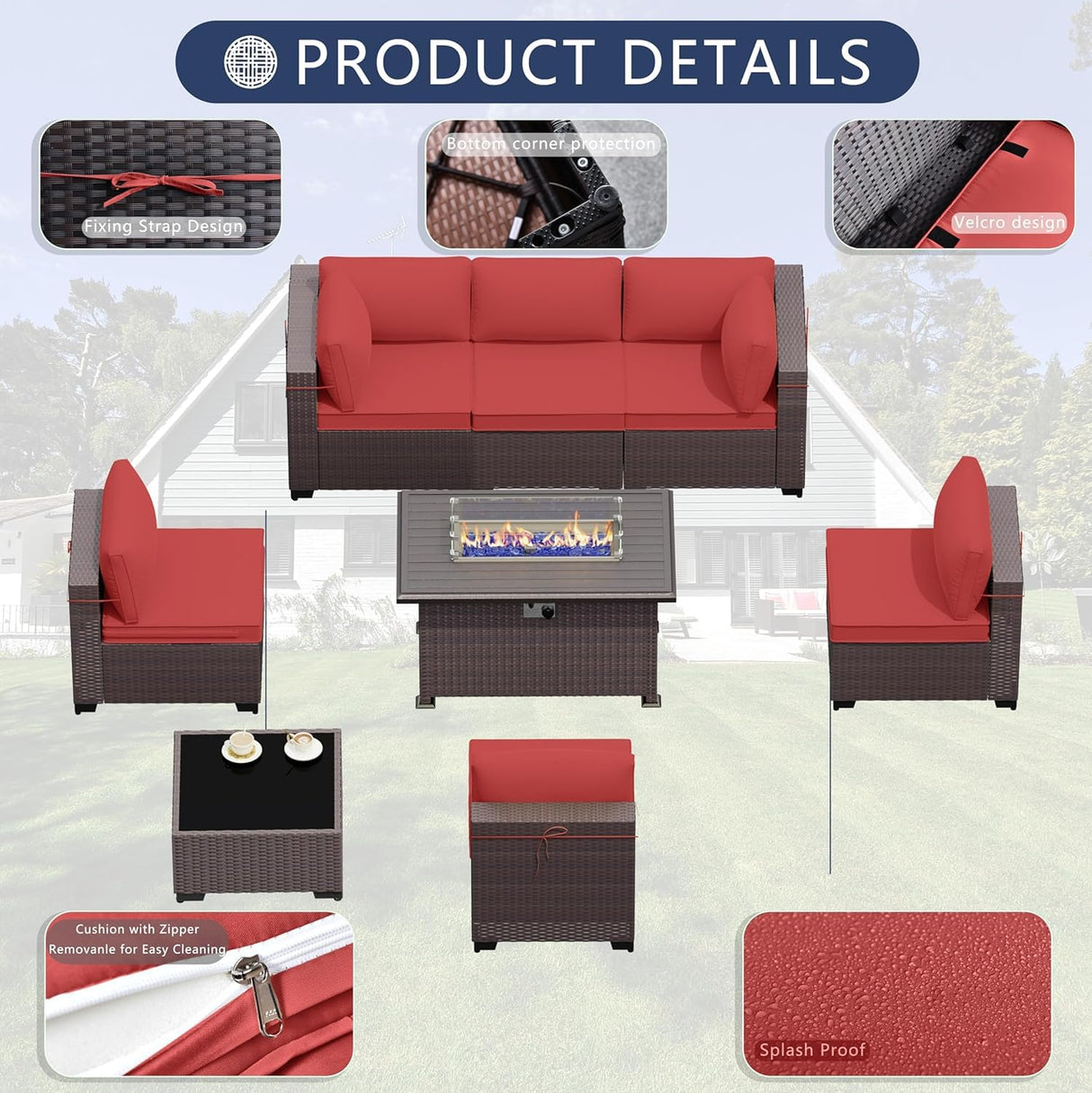 ASJMR 11 Pieces Patio Furniture Set with 2 Swivel Chairs Patio Furniture Outdoor Sectional Sofas with 55000 Gas Fire Pit Patio Conversation Set w/7-Cushions ASJMR