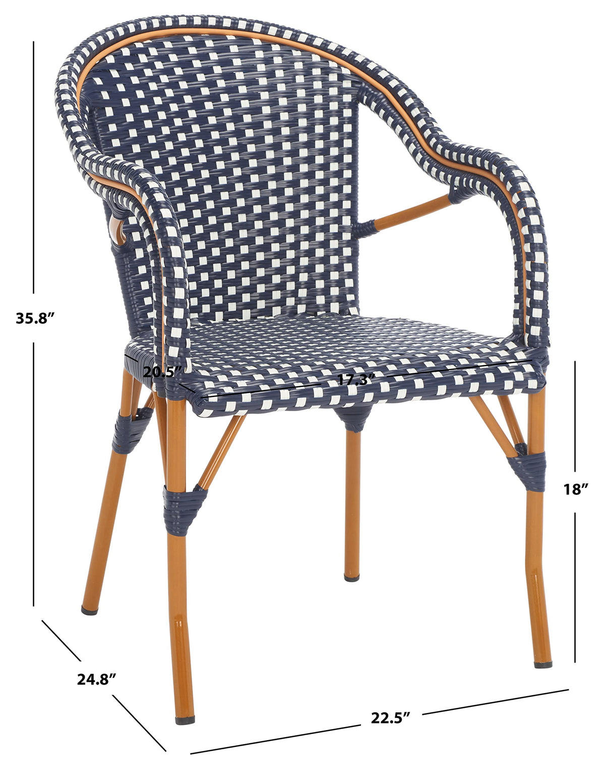 SAFAVIEH Outdoor Collection California Navy/White 18-inch Bistro Arm Chair Set of 2 (Fully Assembled) SAFAVIEH